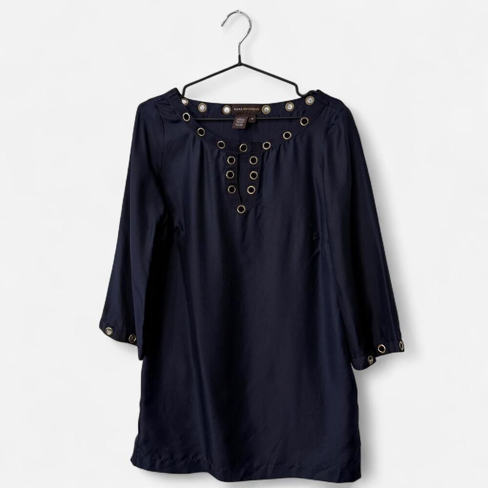 Navy blue Dana Buchman 100% silk blouse with gold grommets